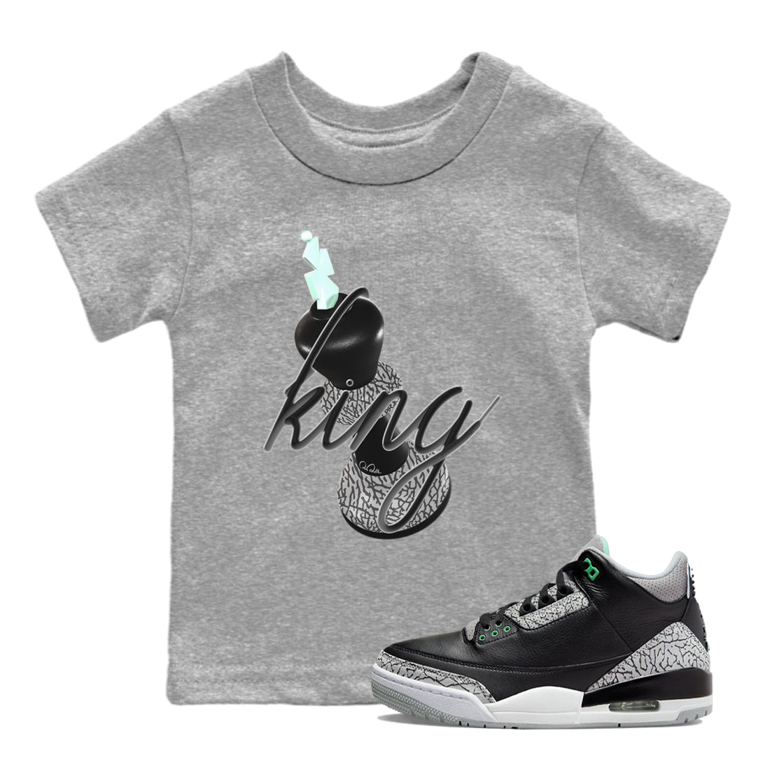 3s Green Glow shirt to match jordans 3D King sneaker tees Air Jordan 3 Green Glow SNRT sneaker release tees baby toddler Heather Grey 1 cotton Shirt
