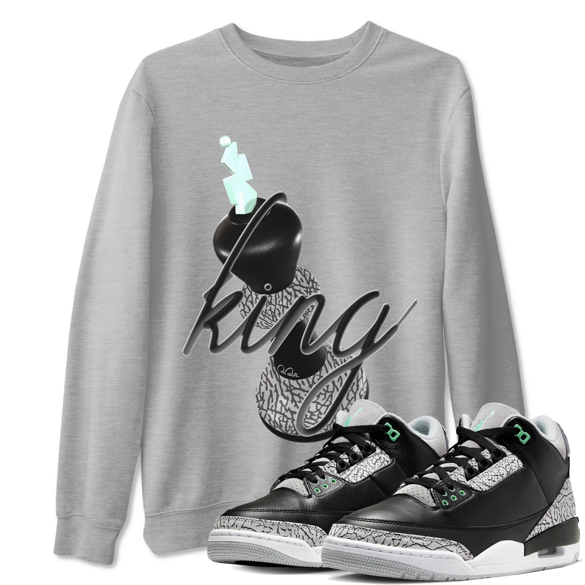 3s Green Glow shirt to match jordans 3D King sneaker tees Air Jordan 3 Green Glow SNRT Sneaker Release Tees unisex cotton Heather Grey 1 crew neck shirt