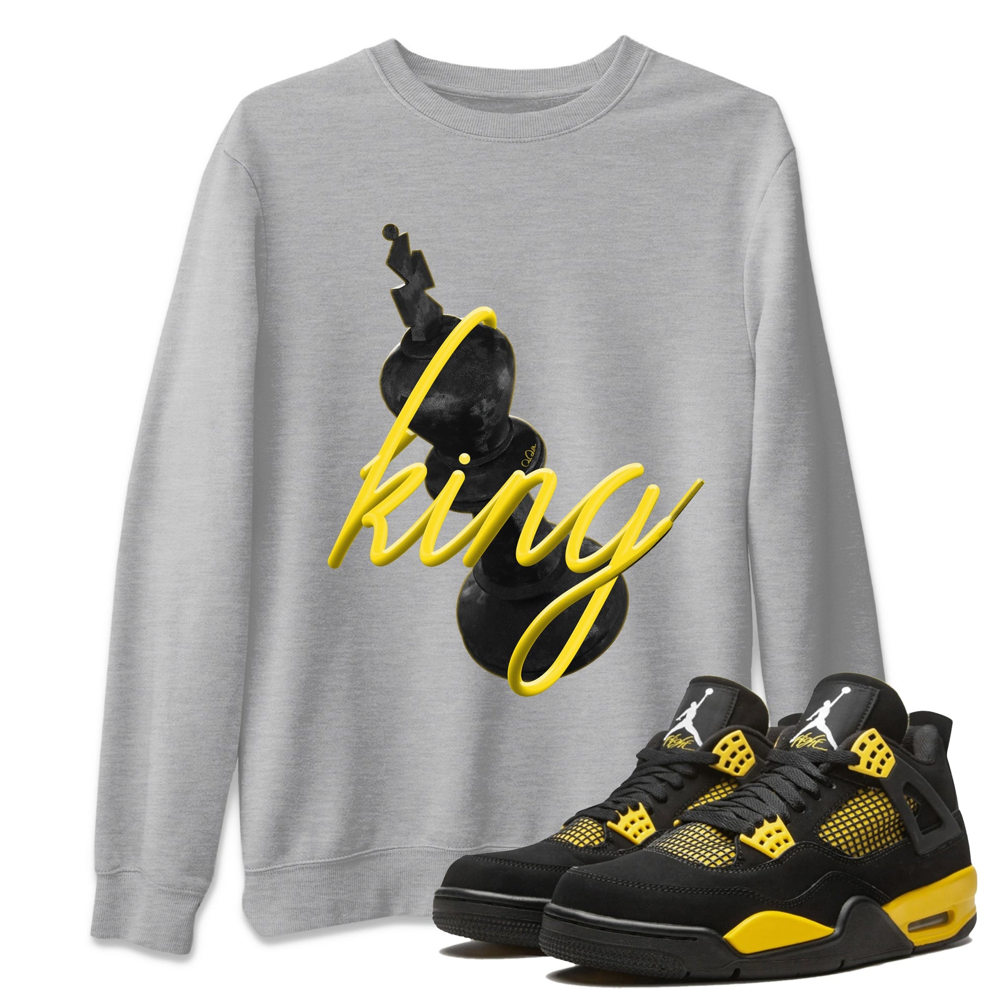 Air Jordan 4 Thunder Sneaker Match Tees 3D King Sneaker Tees AJ4 Thunder Jumpman Sneaker Release Tees Unisex Shirts Heather Grey 1