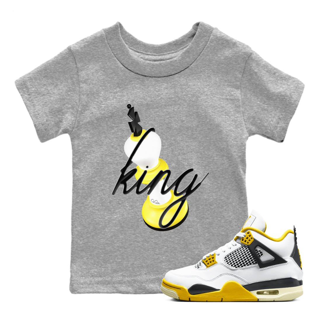AJ4 Vivid Sulfur shirt to match jordans 3D King sneaker tees Air Jordan 4 Vivid Sulfur SNRT sneaker release tees baby toddler Heather Grey 1 cotton Shirt