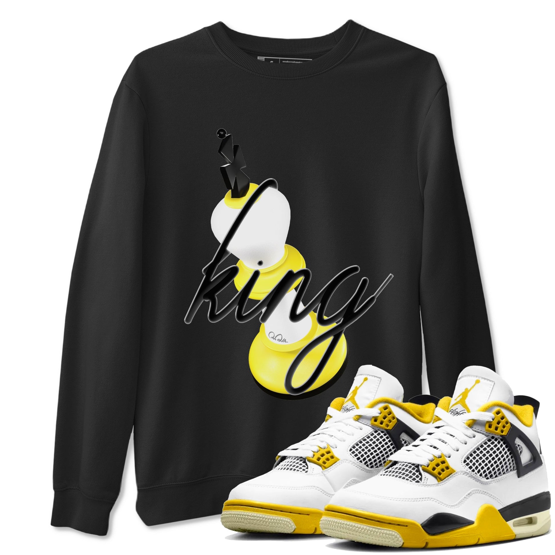 AJ4 Vivid Sulfur shirt to match jordans 3D King sneaker tees Air Jordan 4 Vivid Sulfur SNRT Sneaker Release Tees unisex cotton Black 1 crew neck shirt