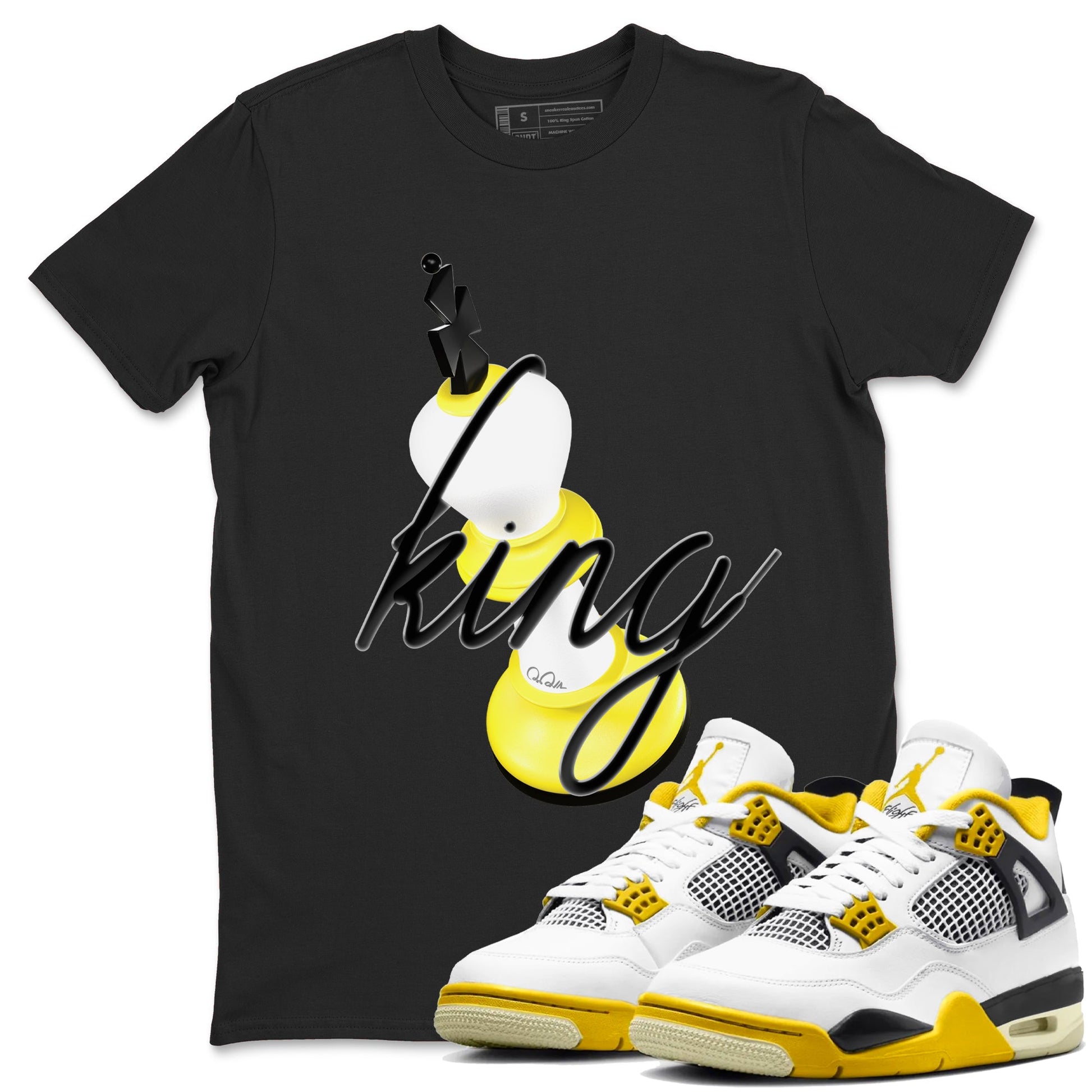 AJ4 Vivid Sulfur shirt to match jordans 3D King sneaker tees Air Jordan 4 Vivid Sulfur SNRT Sneaker Release Tees unisex cotton Black 1 crew neck shirt