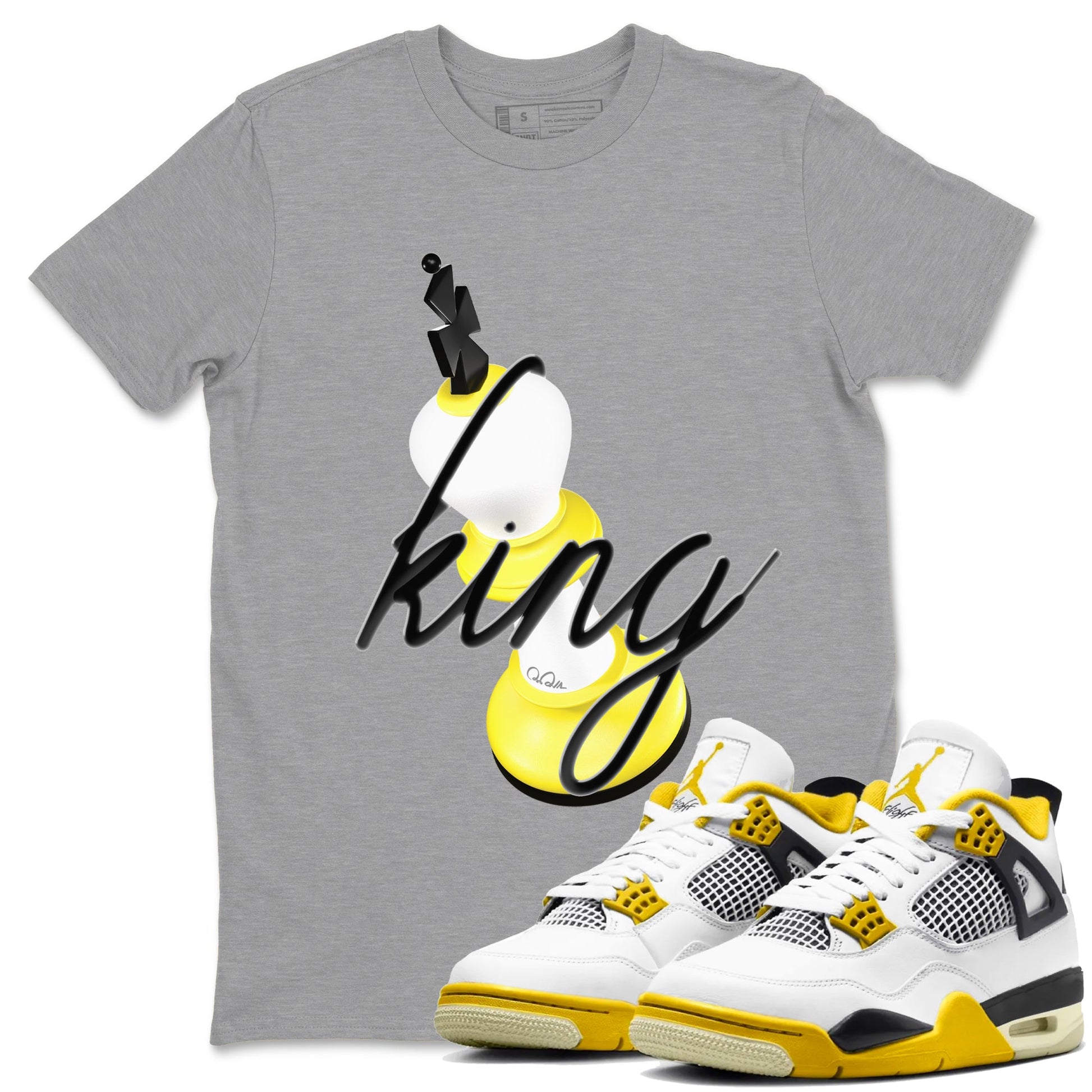 AJ4 Vivid Sulfur shirt to match jordans 3D King sneaker tees Air Jordan 4 Vivid Sulfur SNRT Sneaker Release Tees unisex cotton Heather Grey 1 crew neck shirt