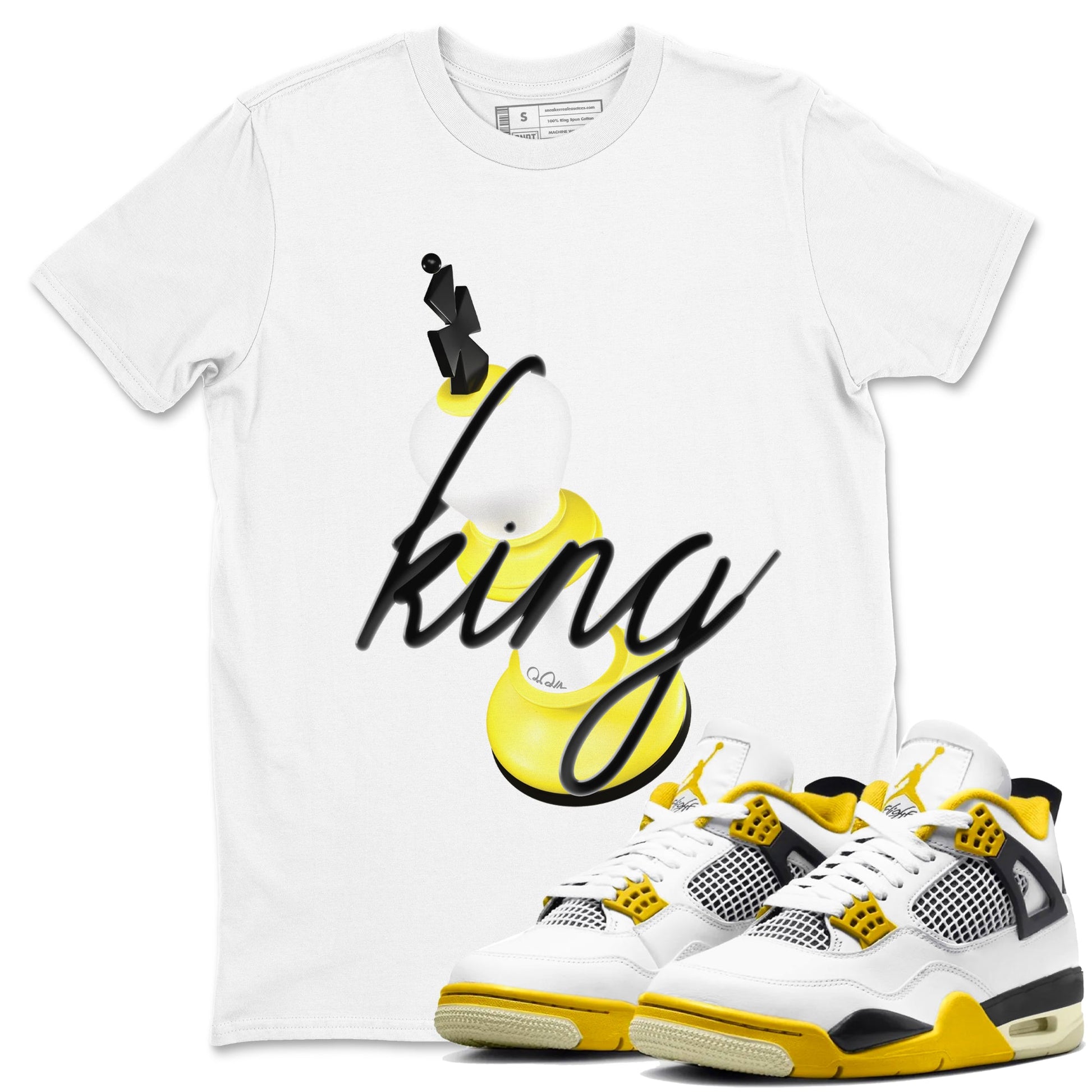 AJ4 Vivid Sulfur shirt to match jordans 3D King sneaker tees Air Jordan 4 Vivid Sulfur SNRT Sneaker Release Tees unisex cotton White 1 crew neck shirt