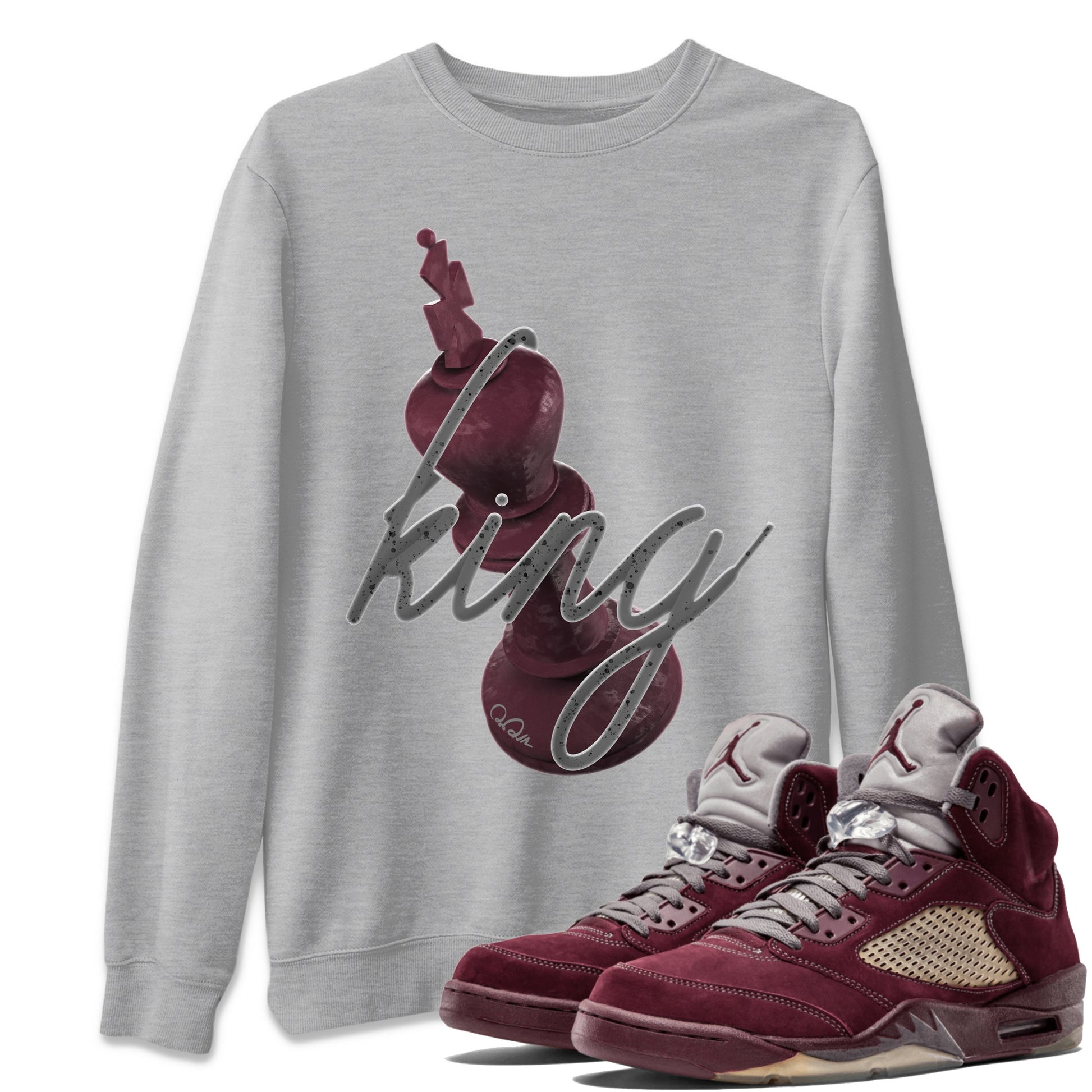 Air Jordan 5 Burgundy Sneaker Match Tees 3D King Sneaker Tees AJ5 Burgundy Sneaker Release Tees Unisex Shirts Heather Grey 1