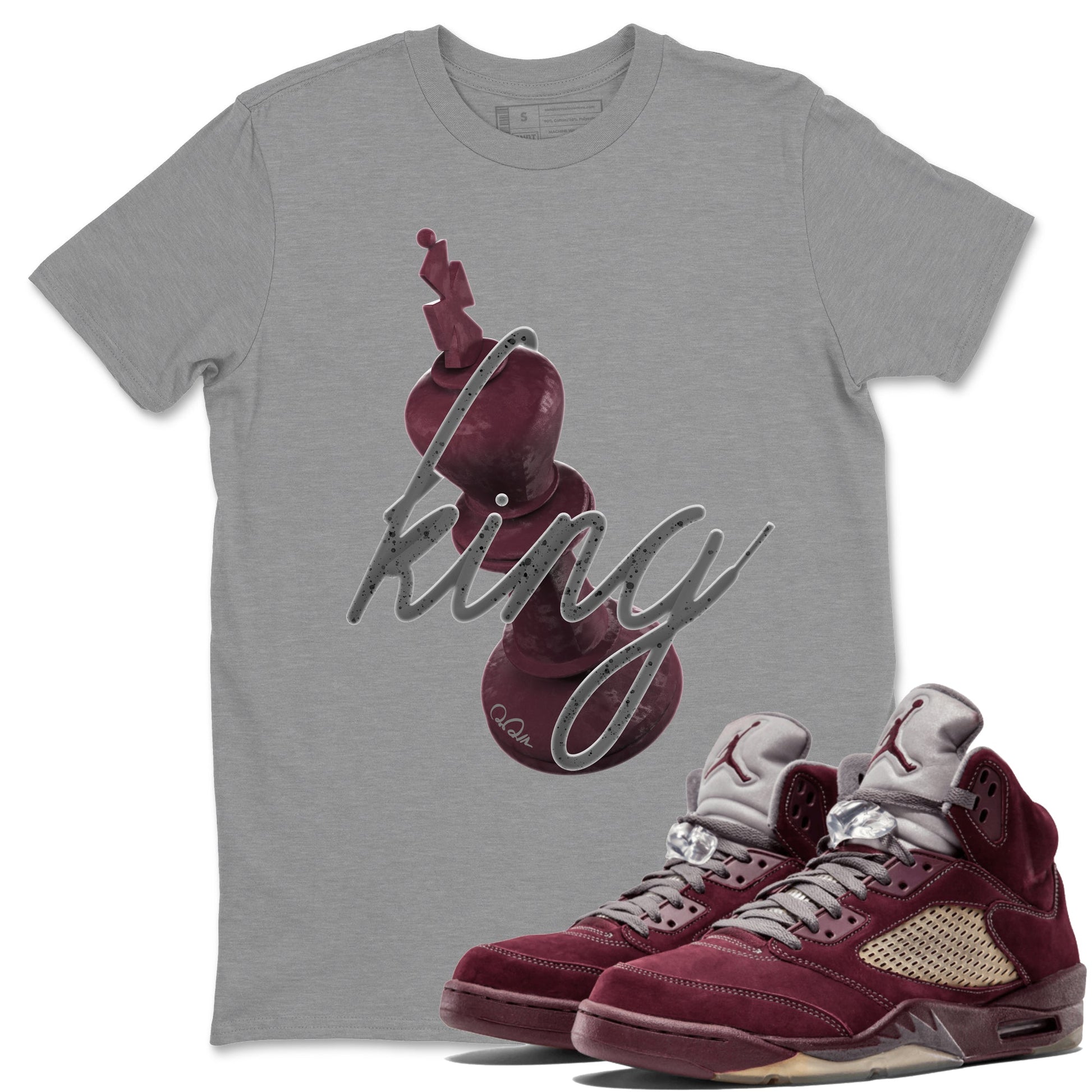 Air Jordan 5 Burgundy Sneaker Match Tees 3D King Sneaker Tees AJ5 Burgundy Sneaker Release Tees Unisex Shirts Heather Grey 1