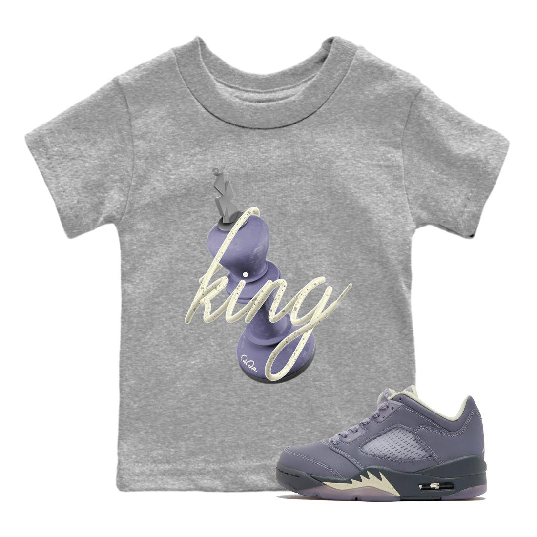 Air Jordan 5 Indigo Haze Sneaker Match Tees 3D King Sneaker Tees AJ5 Indigo Haze Sneaker Release Tees Kids Shirts Heather Grey 1