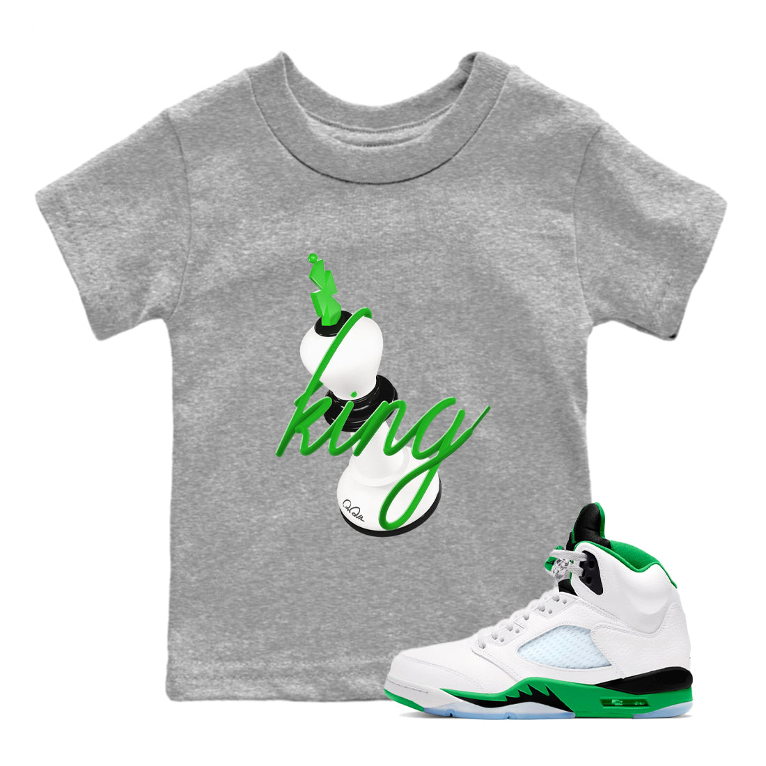 Air Jordan 5 Lucky Green shirt to match jordans 3D King sneaker tees AJ5 Lucky Green SNRT sneaker release tees baby toddler Heather Grey 1 cotton Shirt