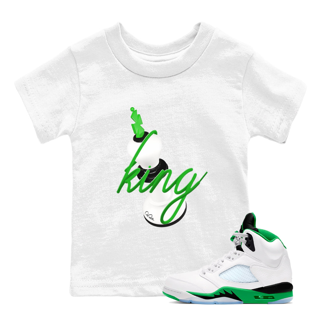 Air Jordan 5 Lucky Green shirt to match jordans 3D King sneaker tees AJ5 Lucky Green SNRT sneaker release tees baby toddler White 1 cotton Shirt