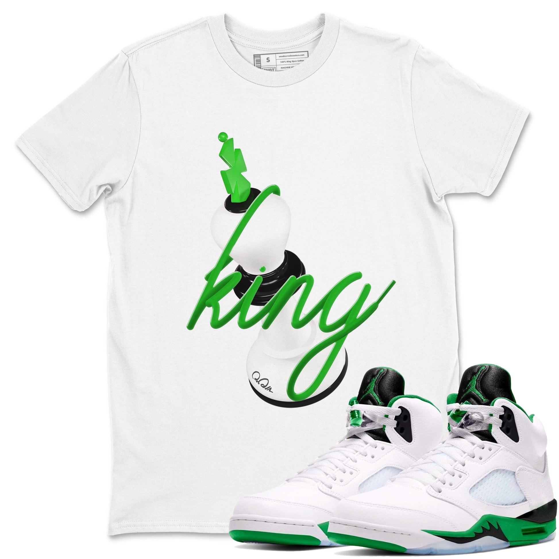 Air Jordan 5 Lucky Green shirt to match jordans 3D King sneaker tees AJ5 Lucky Green SNRT Sneaker Release Tees unisex cotton White 1 crew neck shirt