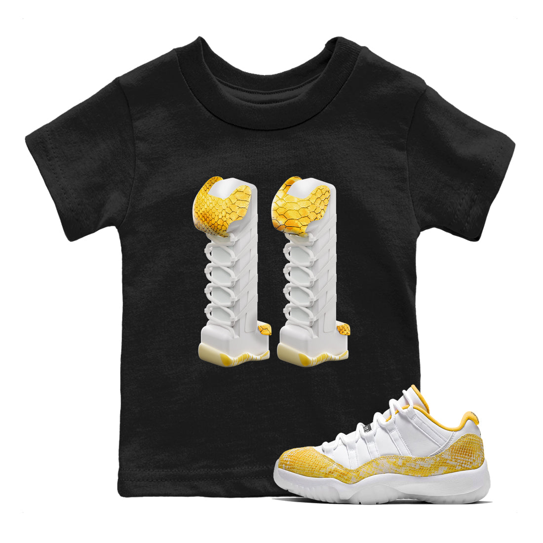 Air Jordan 11 Yellow Python Sneaker Match Tees 3D Number 11 Sneaker Tees AJ11 Yellow Python Sneaker Release Tees Kids Shirts Black 1