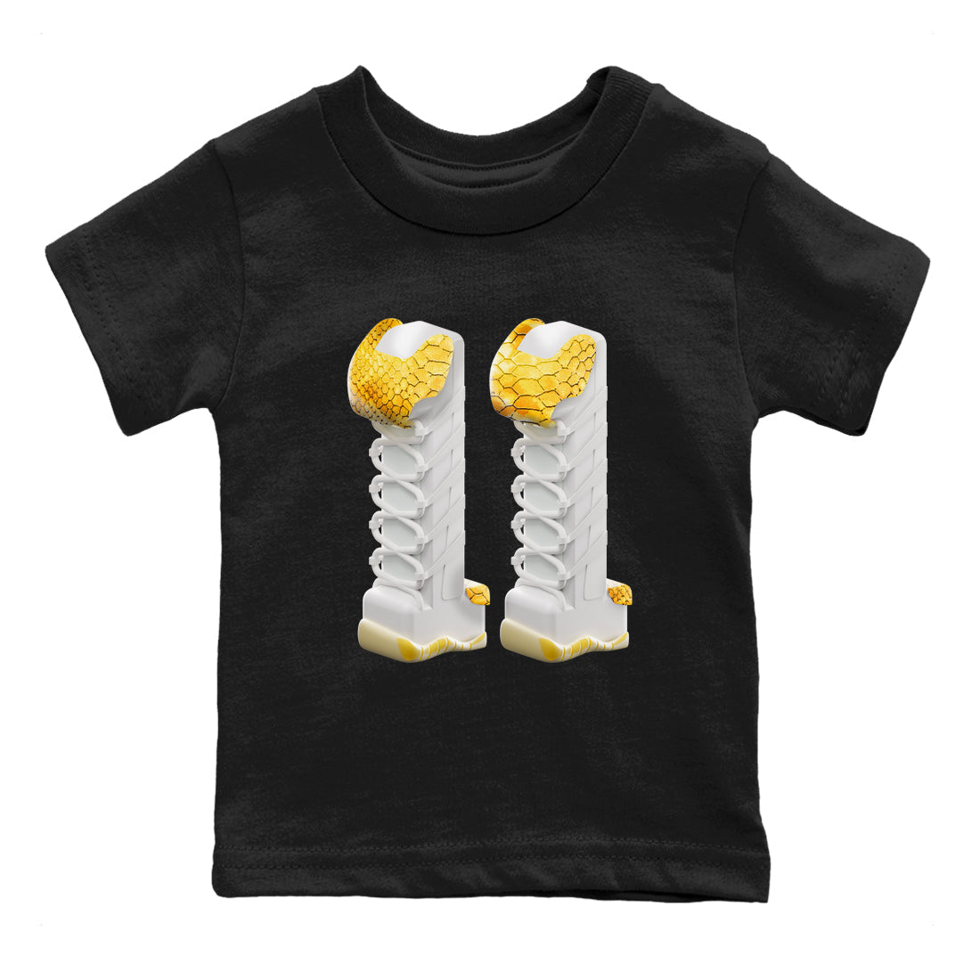 Air Jordan 11 Yellow Python Sneaker Match Tees 3D Number 11 Sneaker Tees AJ11 Yellow Python Sneaker Release Tees Kids Shirts Black 2