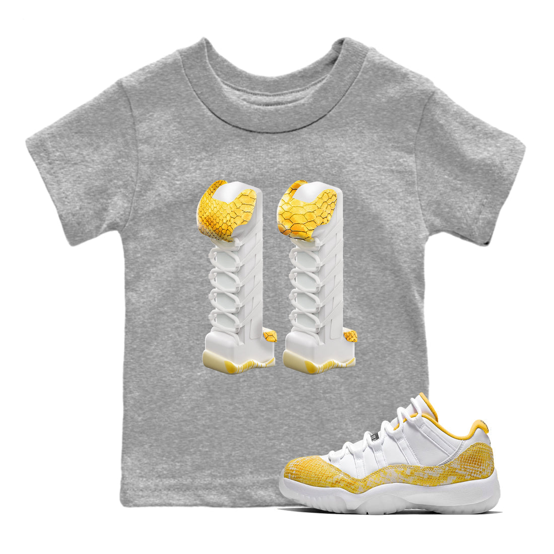 Air Jordan 11 Yellow Python Sneaker Match Tees 3D Number 11 Sneaker Tees AJ11 Yellow Python Sneaker Release Tees Kids Shirts Heather Grey 1