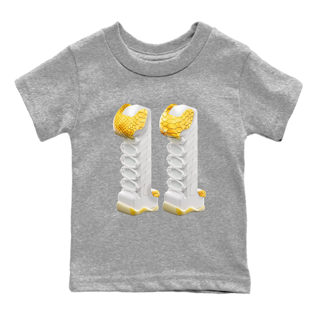 Air Jordan 11 Yellow Python Sneaker Match Tees 3D Number 11 Sneaker Tees AJ11 Yellow Python Sneaker Release Tees Kids Shirts Heather Grey 2