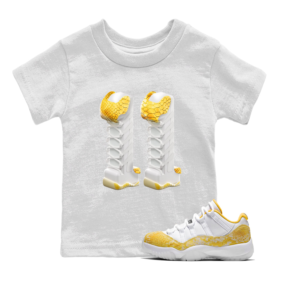 Air Jordan 11 Yellow Python Sneaker Match Tees 3D Number 11 Sneaker Tees AJ11 Yellow Python Sneaker Release Tees Kids Shirts White 1