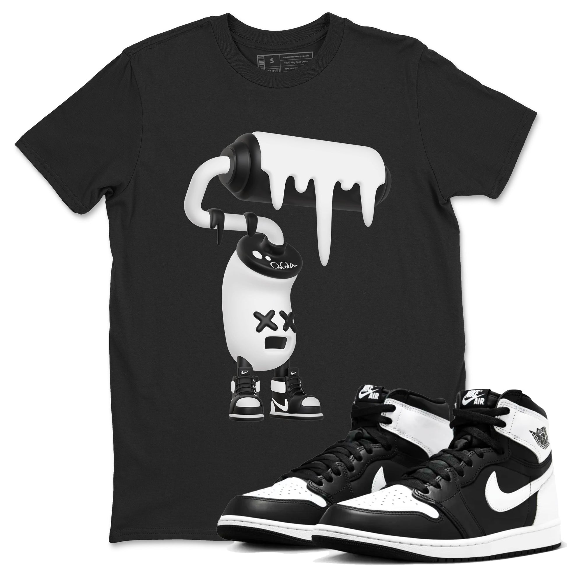 1s Black White shirt to match jordans 3D Paint Roller sneaker tees Air Jordan 1 High OG Black White SNRT Sneaker Release Tees unisex cotton Black 1 crew neck shirt