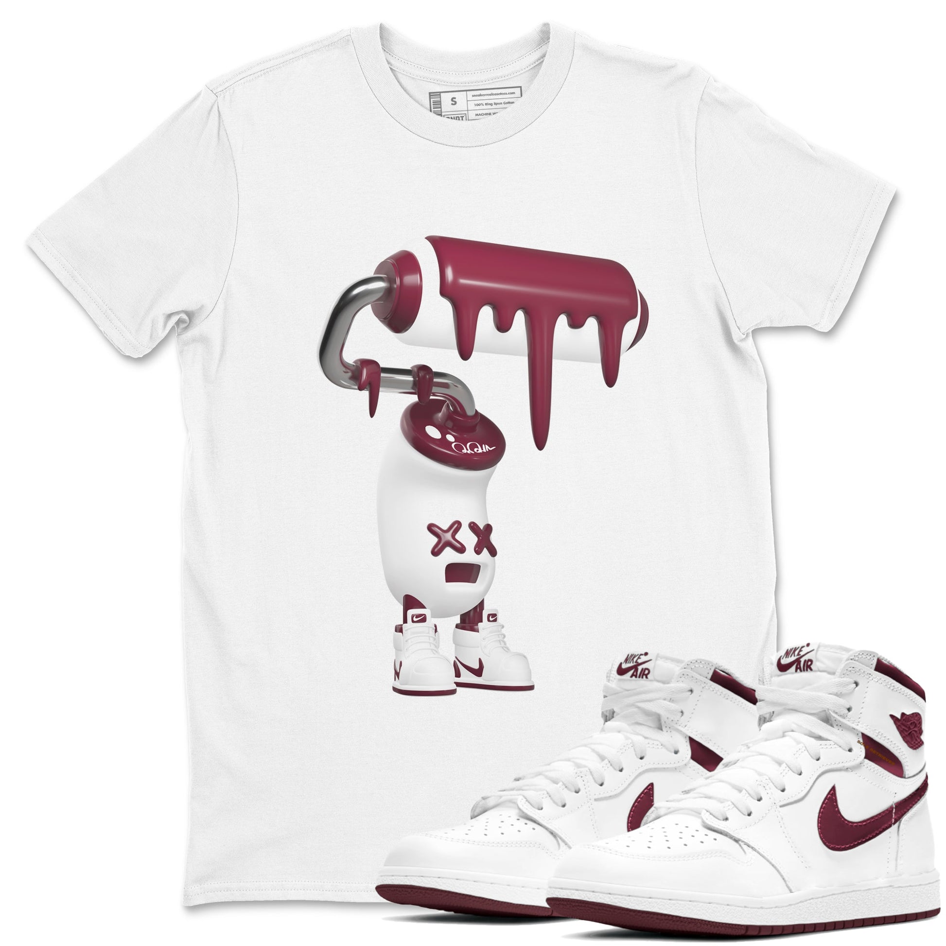 1s Metallic Burgundy shirt to match jordans 3D Paint Roller sneaker tees AJ1 Metallic Burgundy SNRT Sneaker Release Tees Unisex White 1 T-Shirt