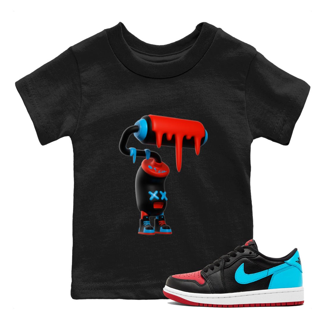 Air Jordan 1 UNC to Chicago Sneaker Match Tees 3D Paint Roller Sneaker Tees AJ1 UNC to Chicago Sneaker Release Tees Kids Shirts Black 1