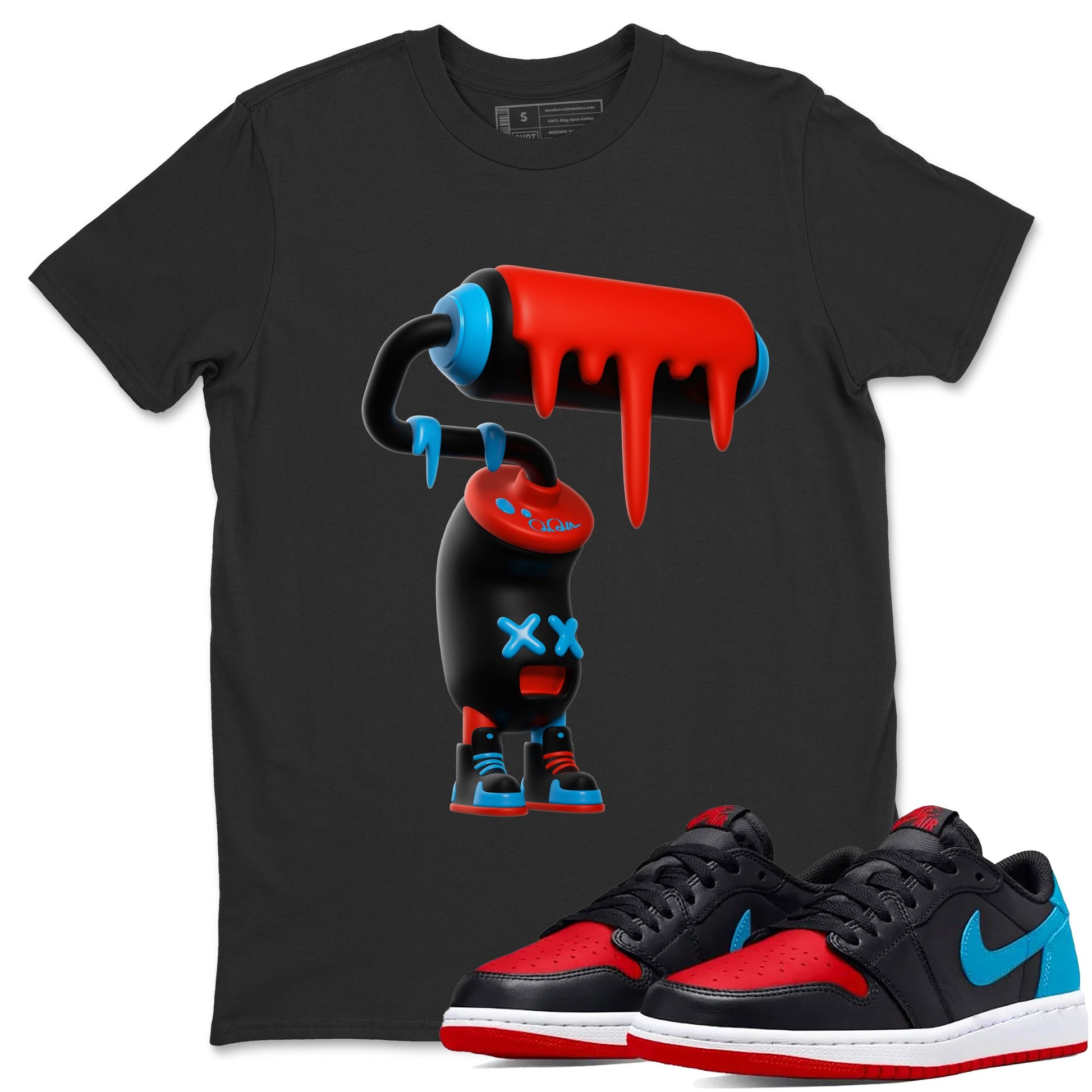 Air Jordan 1 UNC to Chicago Sneaker Match Tees 3D Paint Roller Sneaker Tees AJ1 UNC to Chicago Sneaker Release Tees Unisex Shirts Black 1
