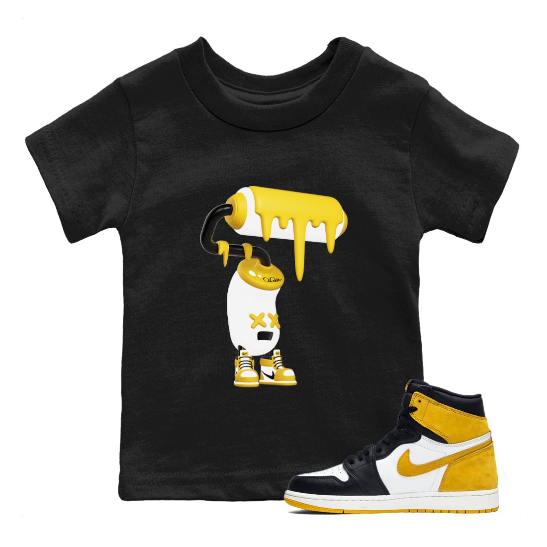1s Yellow Ochre shirt to match jordans 3D Paint Roller sneaker tees Air Jordan 1 Yellow Ochre SNRT sneaker release tees baby toddler Black 1 cotton Shirt