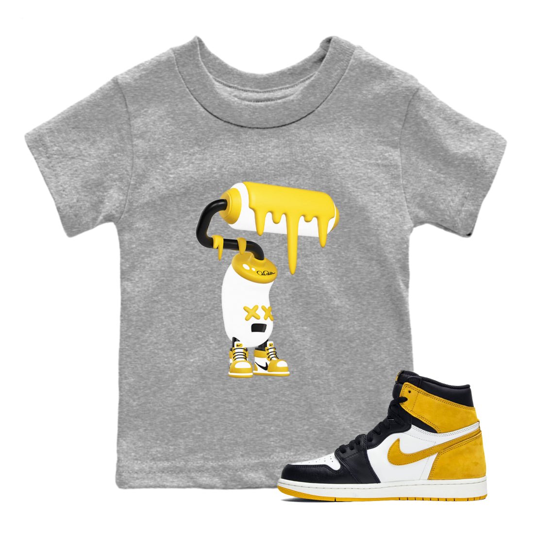 1s Yellow Ochre shirt to match jordans 3D Paint Roller sneaker tees Air Jordan 1 Yellow Ochre SNRT sneaker release tees baby toddler Heather Grey 1 cotton Shirt