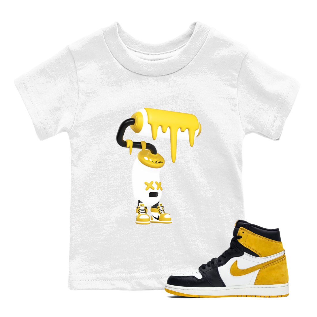 1s Yellow Ochre shirt to match jordans 3D Paint Roller sneaker tees Air Jordan 1 Yellow Ochre SNRT sneaker release tees baby toddler White 1 cotton Shirt