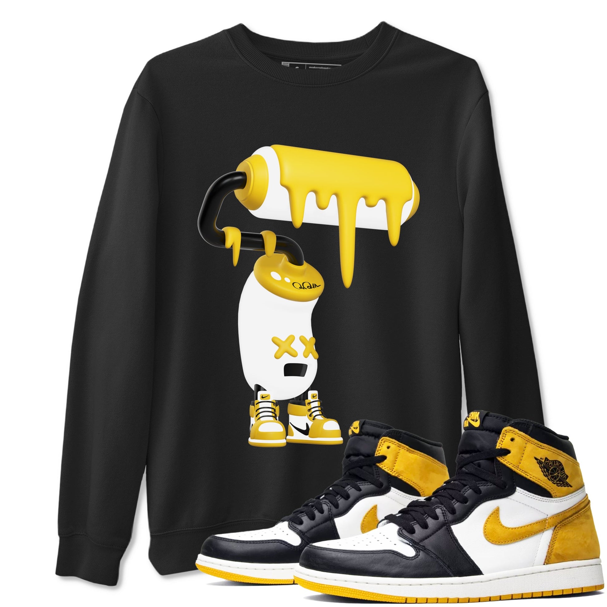 1s Yellow Ochre shirt to match jordans 3D Paint Roller sneaker tees Air Jordan 1 Yellow Ochre SNRT Sneaker Release Tees unisex cotton Black 1 crew neck shirt