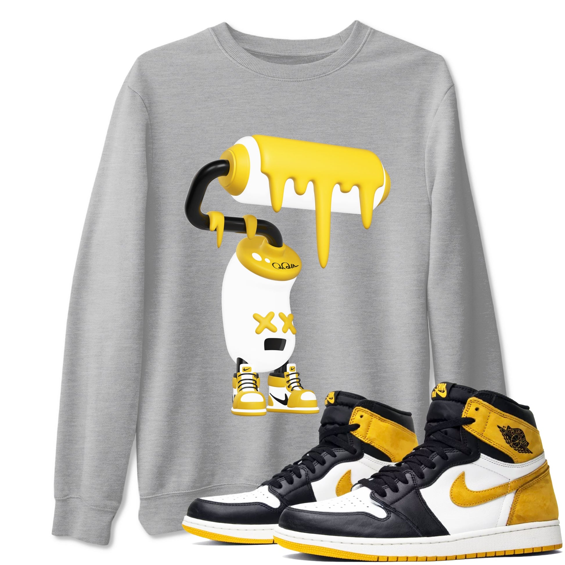1s Yellow Ochre shirt to match jordans 3D Paint Roller sneaker tees Air Jordan 1 Yellow Ochre SNRT Sneaker Release Tees unisex cotton Heather Grey 1 crew neck shirt