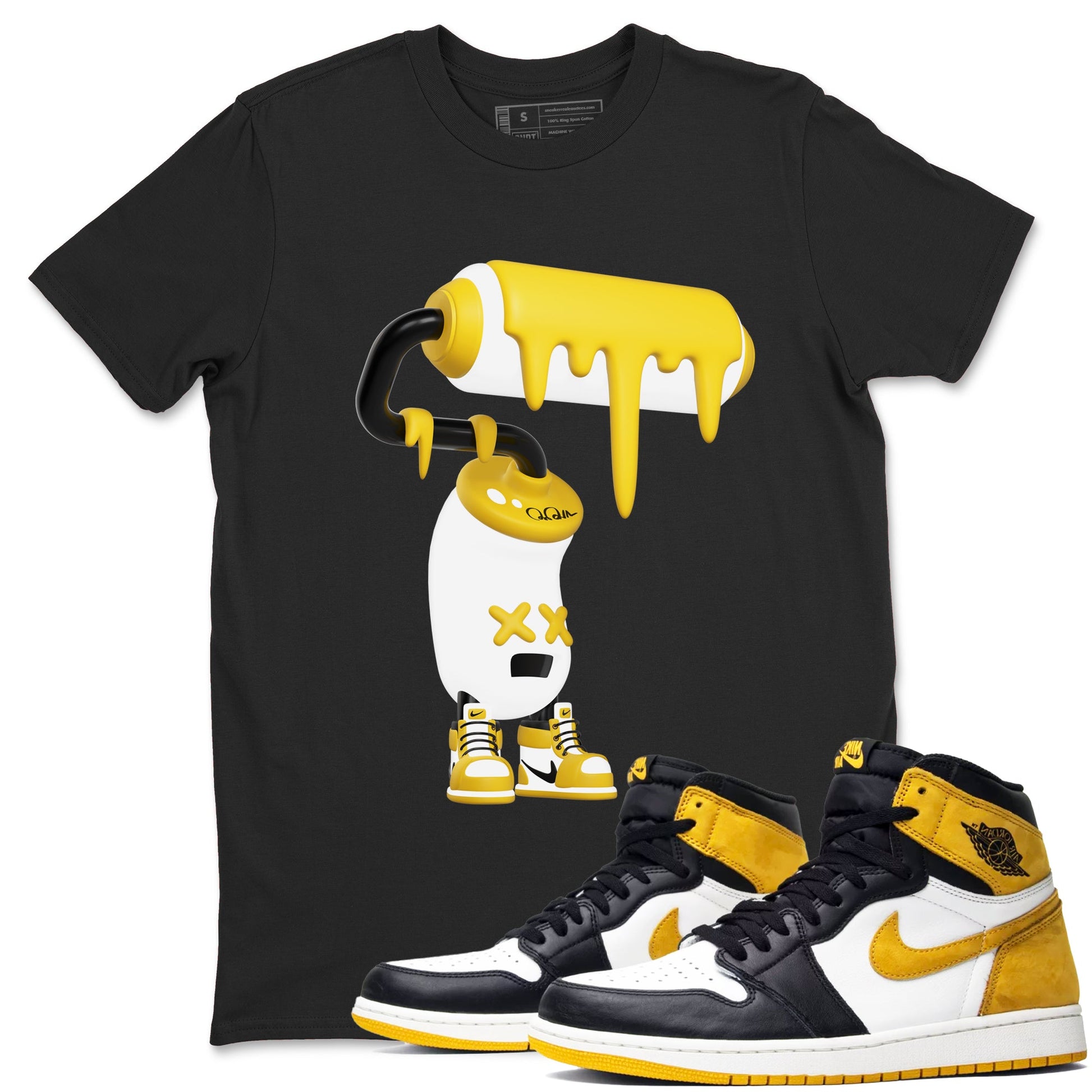1s Yellow Ochre shirt to match jordans 3D Paint Roller sneaker tees Air Jordan 1 Yellow Ochre SNRT Sneaker Release Tees unisex cotton Black 1 crew neck shirt