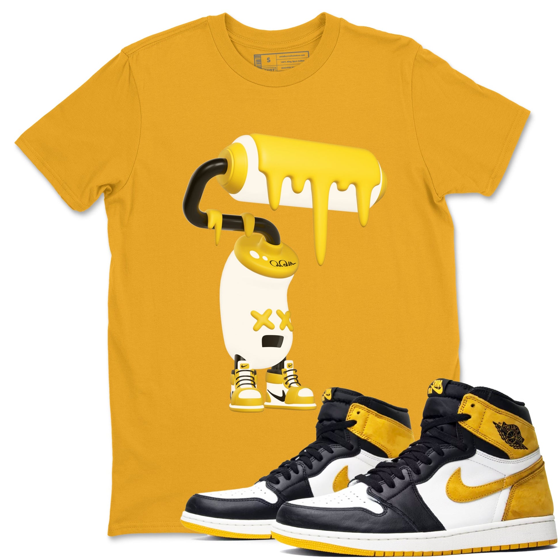 1s Yellow Ochre shirt to match jordans 3D Paint Roller sneaker tees Air Jordan 1 Yellow Ochre SNRT Sneaker Release Tees unisex cotton Gold 1 crew neck shirt