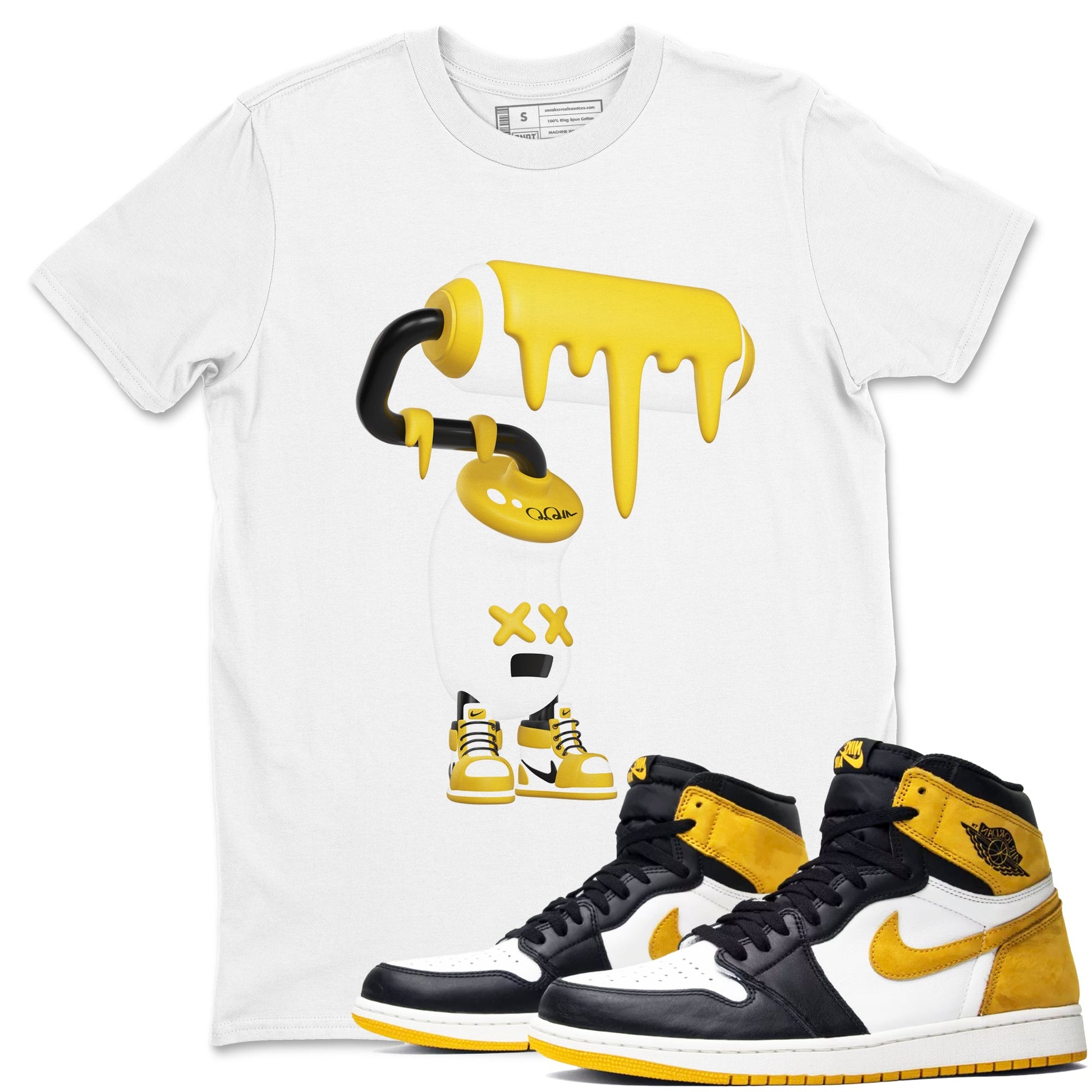 1s Yellow Ochre shirt to match jordans 3D Paint Roller sneaker tees Air Jordan 1 Yellow Ochre SNRT Sneaker Release Tees unisex cotton White 1 crew neck shirt