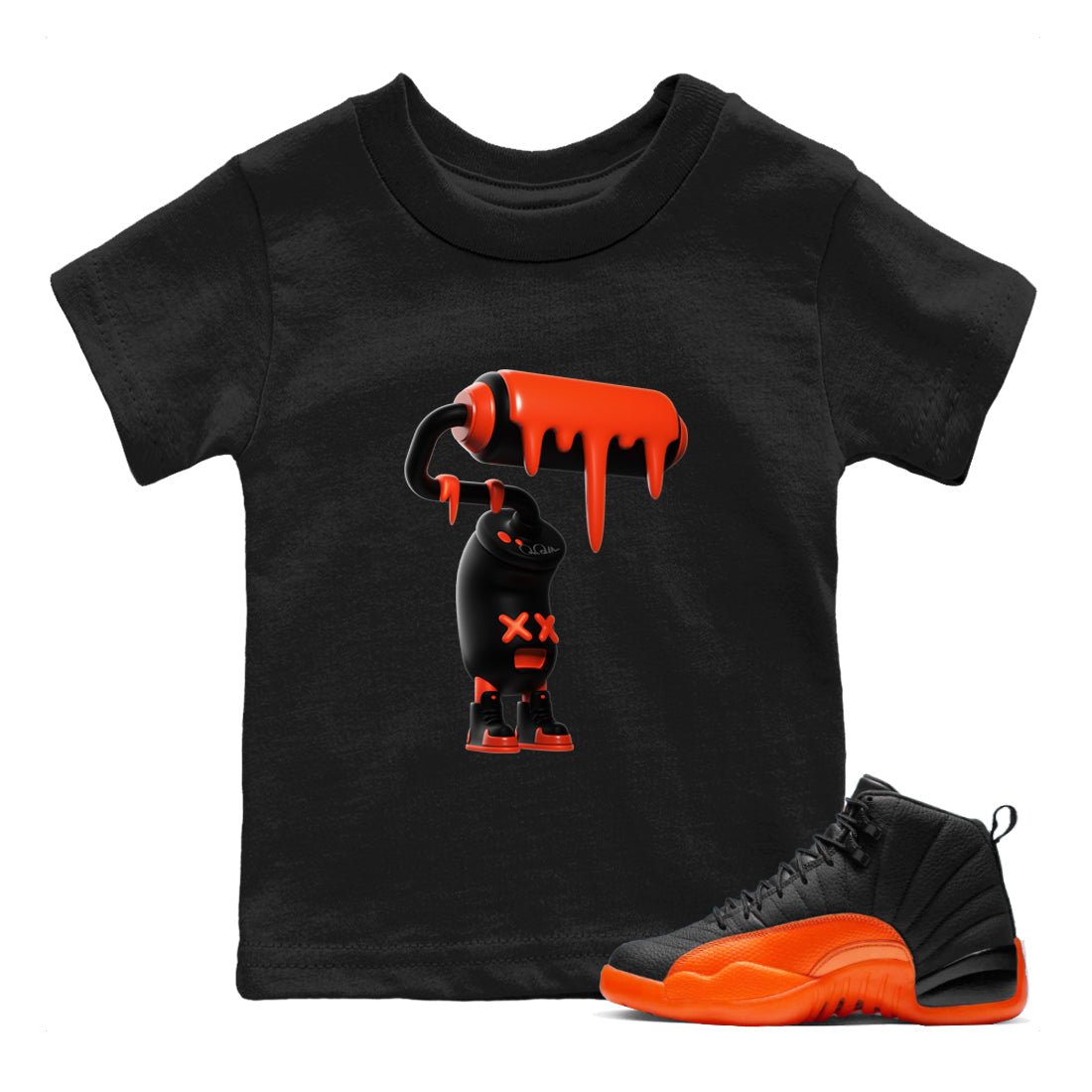 Air Jordan 12 Brilliant Orange Sneaker Match Tees 3D Paint Roller Sneaker Tees AJ12 Brilliant Orange Sneaker Release Tees Kids Shirts Black 1