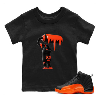 Air Jordan 12 Brilliant Orange Sneaker Match Tees 3D Paint Roller Sneaker Tees AJ12 Brilliant Orange Sneaker Release Tees Kids Shirts Black 1