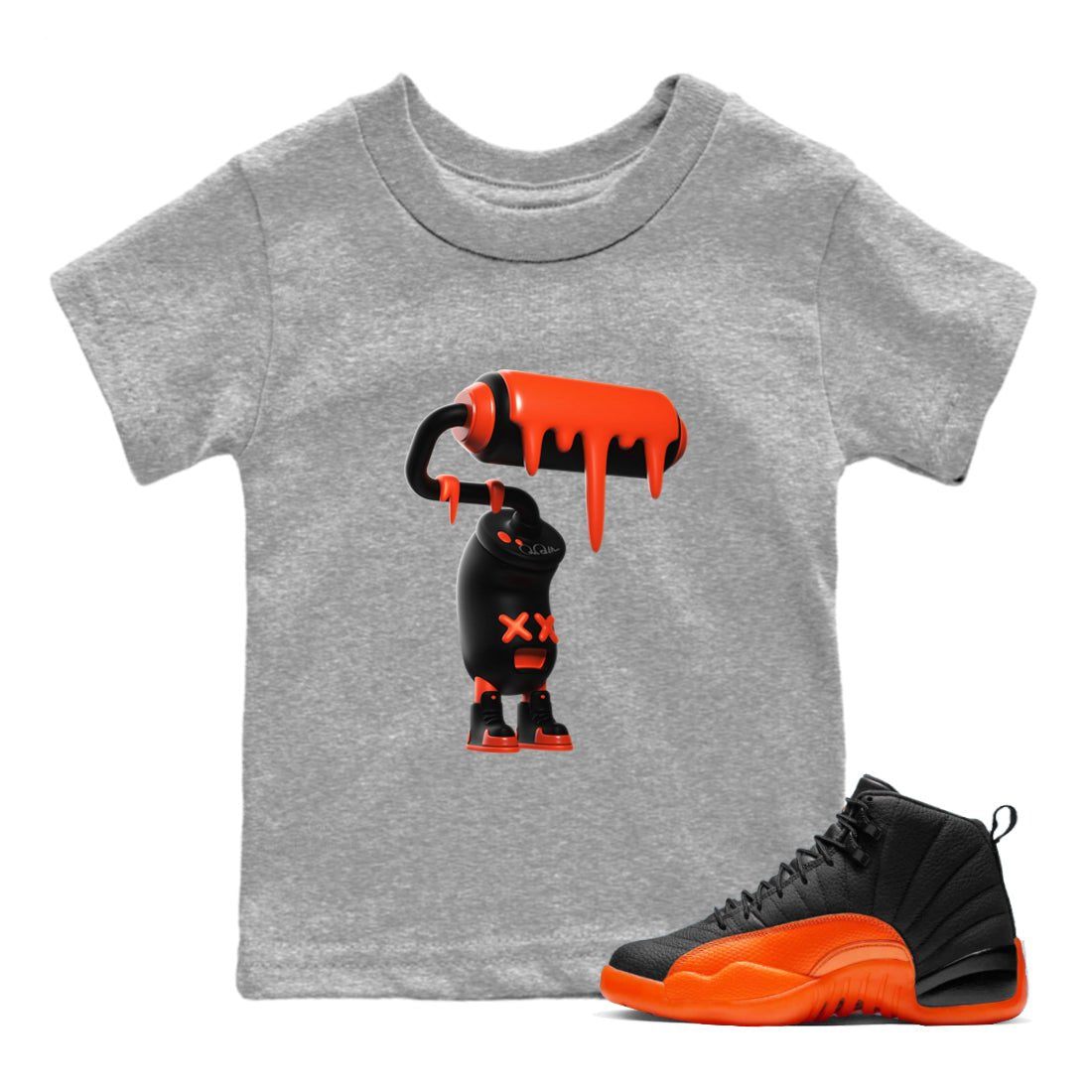 Air Jordan 12 Brilliant Orange Sneaker Match Tees 3D Paint Roller Sneaker Tees AJ12 Brilliant Orange Sneaker Release Tees Kids Shirts Heather Grey 1