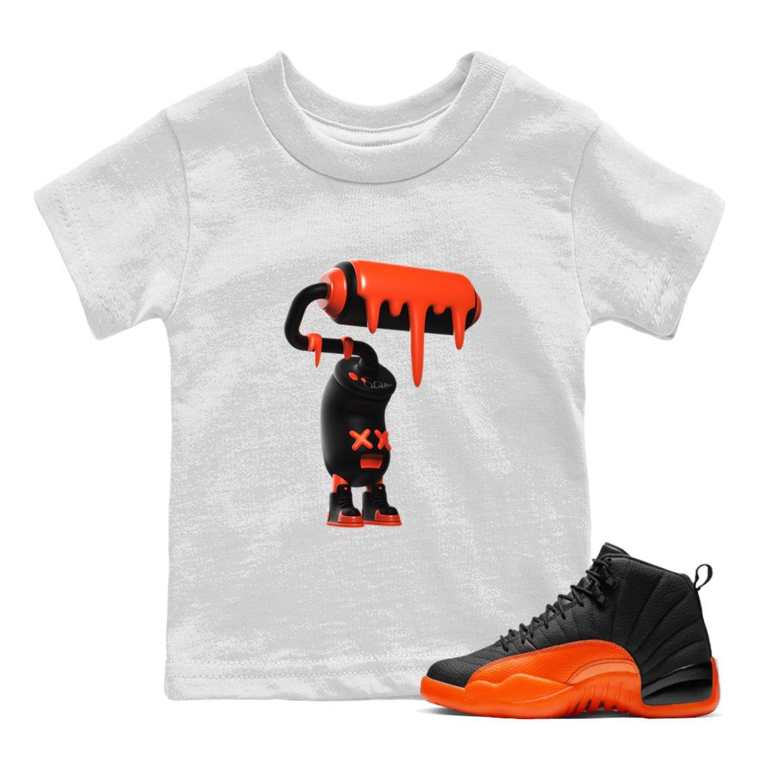 Air Jordan 12 Brilliant Orange Sneaker Match Tees 3D Paint Roller Sneaker Tees AJ12 Brilliant Orange Sneaker Release Tees Kids Shirts White 1
