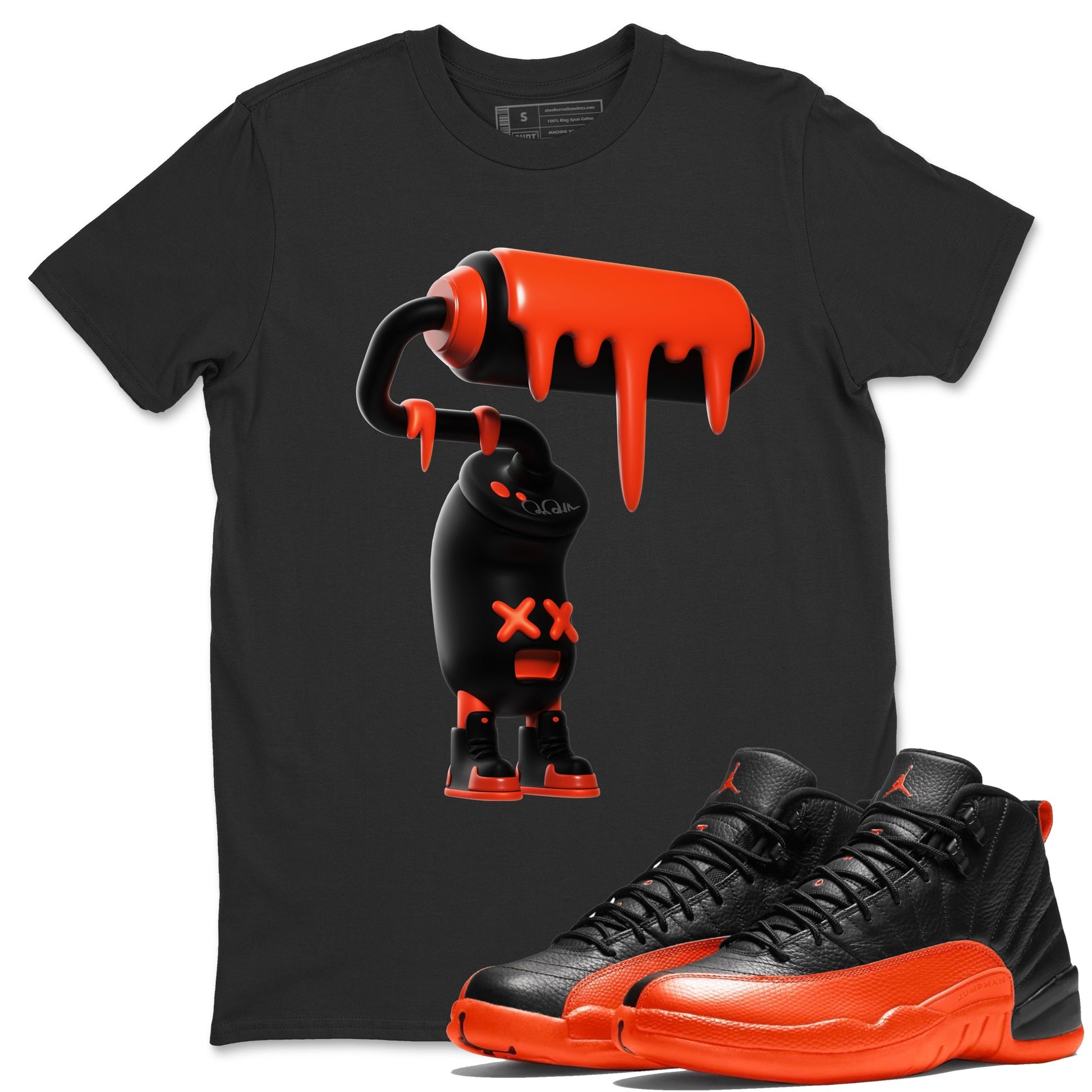 Air Jordan 12 Brilliant Orange Sneaker Match Tees 3D Paint Roller Sneaker Tees AJ12 Brilliant Orange Sneaker Release Tees Unisex Shirts Black 1