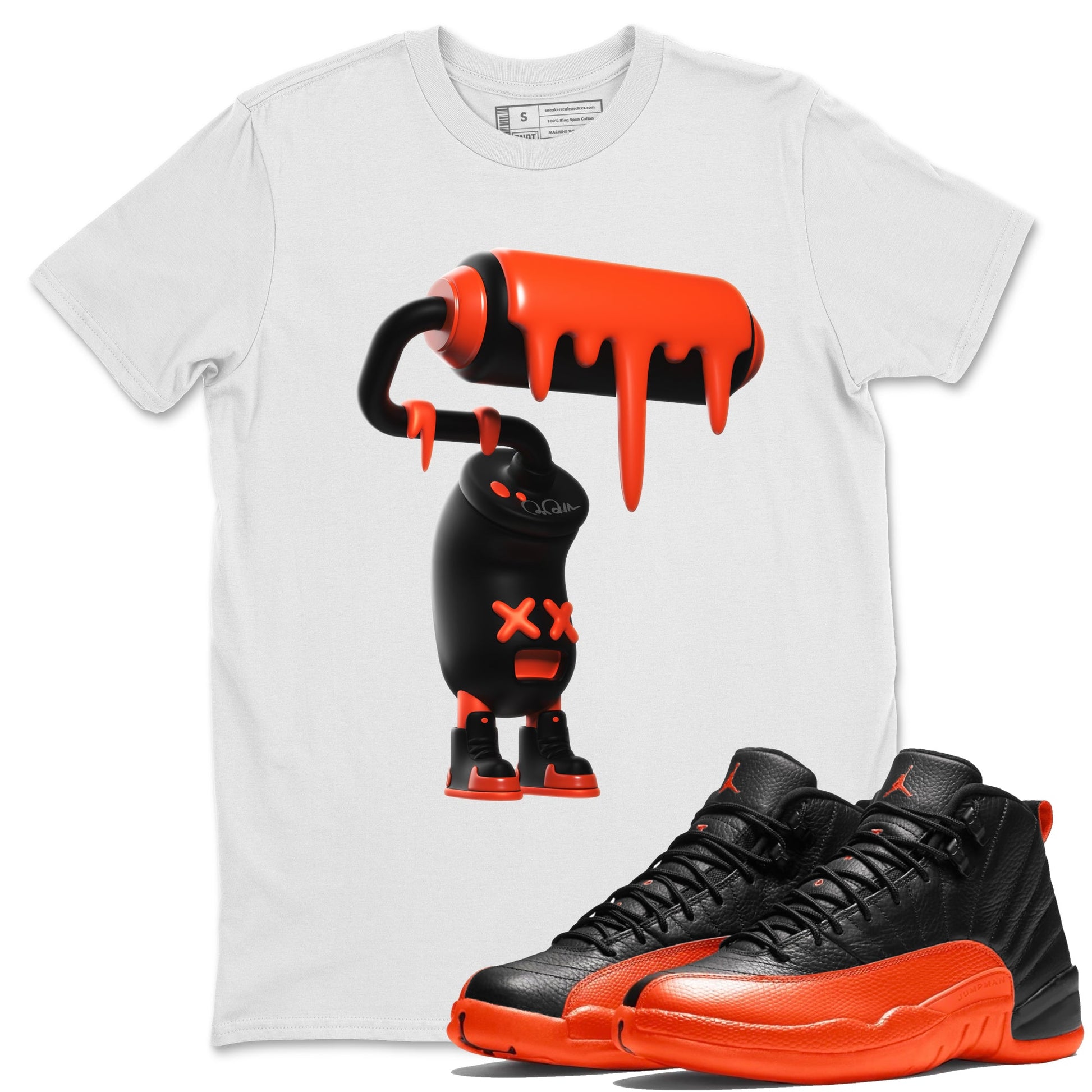 Air Jordan 12 Brilliant Orange Sneaker Match Tees 3D Paint Roller Sneaker Tees AJ12 Brilliant Orange Sneaker Release Tees Unisex Shirts White 1