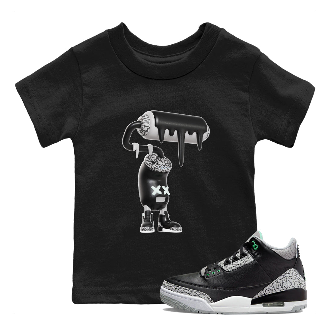 3s Green Glow shirt to match jordans 3D Paint Roller sneaker tees Air Jordan 3 Green Glow SNRT sneaker release tees baby toddler Black 1 cotton Shirt