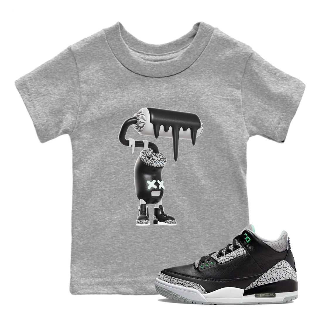 3s Green Glow shirt to match jordans 3D Paint Roller sneaker tees Air Jordan 3 Green Glow SNRT sneaker release tees baby toddler Heather Grey 1 cotton Shirt