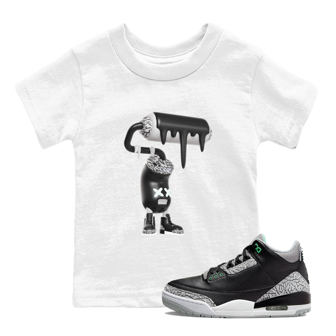 3s Green Glow shirt to match jordans 3D Paint Roller sneaker tees Air Jordan 3 Green Glow SNRT sneaker release tees baby toddler White 1 cotton Shirt