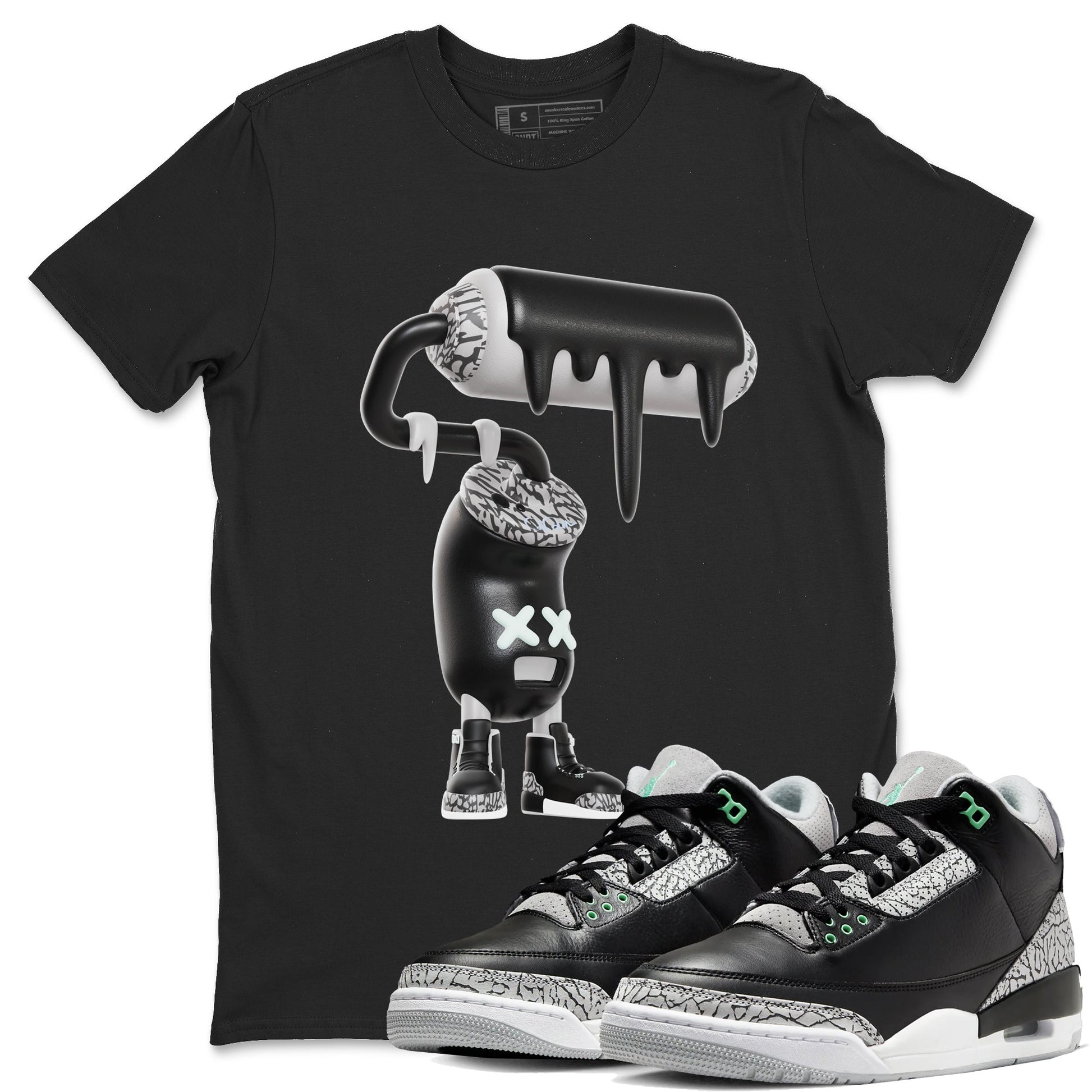 3s Green Glow shirt to match jordans 3D Paint Roller sneaker tees Air Jordan 3 Green Glow SNRT Sneaker Release Tees unisex cotton Black 1 crew neck shirt