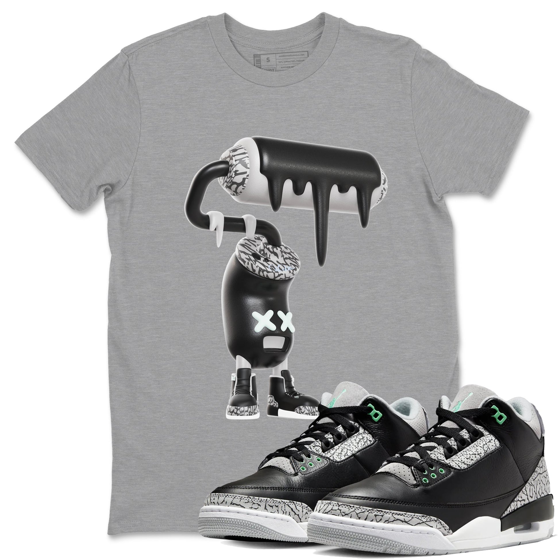 3s Green Glow shirt to match jordans 3D Paint Roller sneaker tees Air Jordan 3 Green Glow SNRT Sneaker Release Tees unisex cotton Heather Grey 1 crew neck shirt