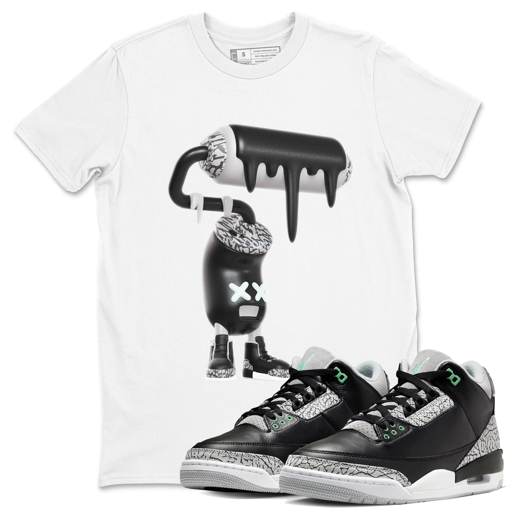 3s Green Glow shirt to match jordans 3D Paint Roller sneaker tees Air Jordan 3 Green Glow SNRT Sneaker Release Tees unisex cotton White 1 crew neck shirt
