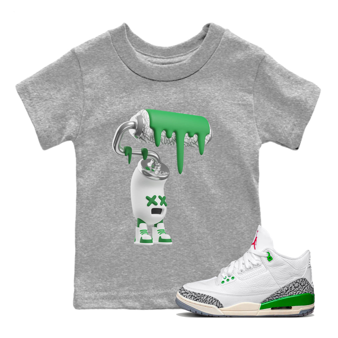 Air Jordan 3 Lucky Green Sneaker Match Tees 3D Paint Roller Sneaker Tees AJ3 Lucky Green Sneaker Release Tees Kids Shirts Heather Grey 1