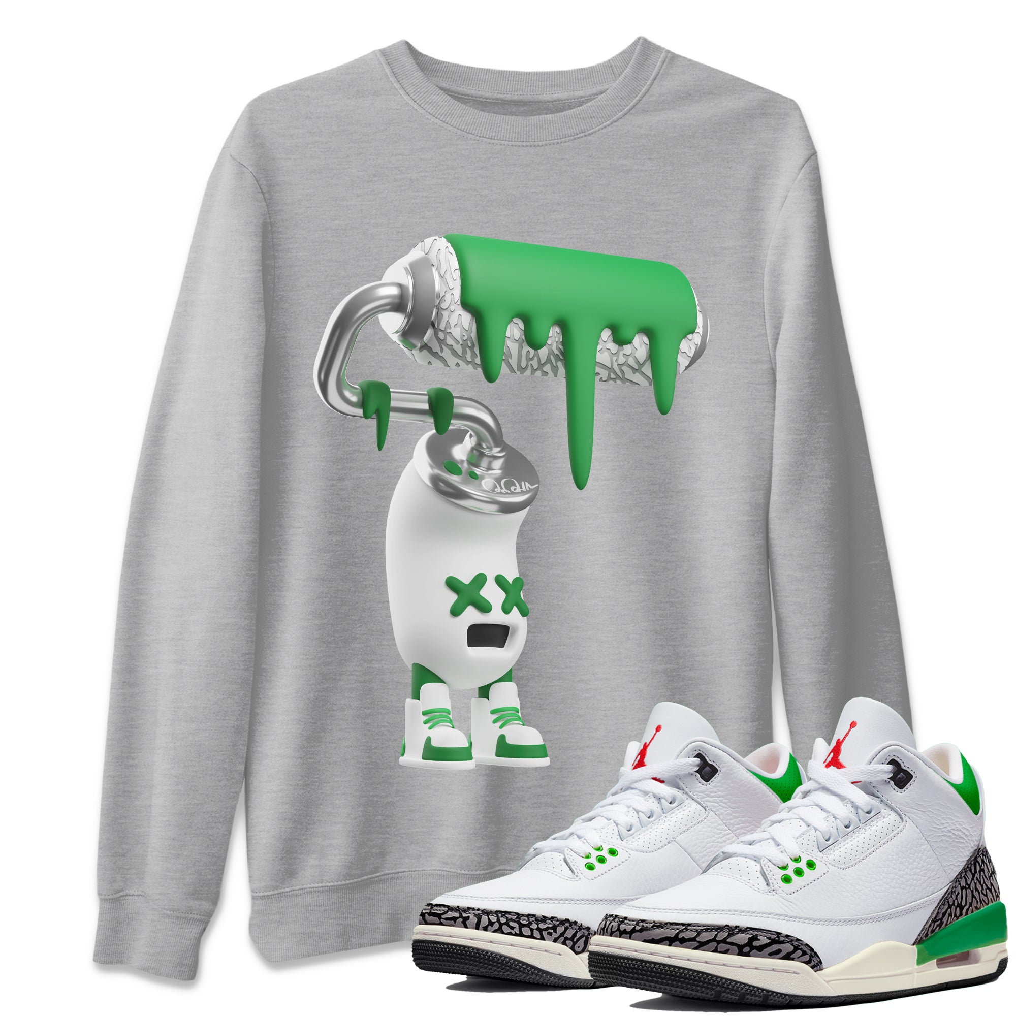 Air Jordan 3 Lucky Green Sneaker Match Tees 3D Paint Roller Sneaker Tees AJ3 Lucky Green Sneaker Release Tees Unisex Shirts Heather Grey 1