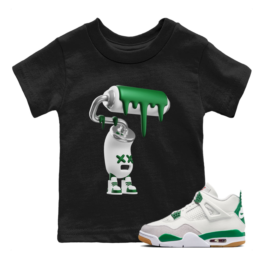 Air Jordan 4 Pine Green Sneaker Match Tees 3D Paint Roller Sneaker Tees AJ4 Pine Green Sneaker Release Tees Kids Shirts Black 1