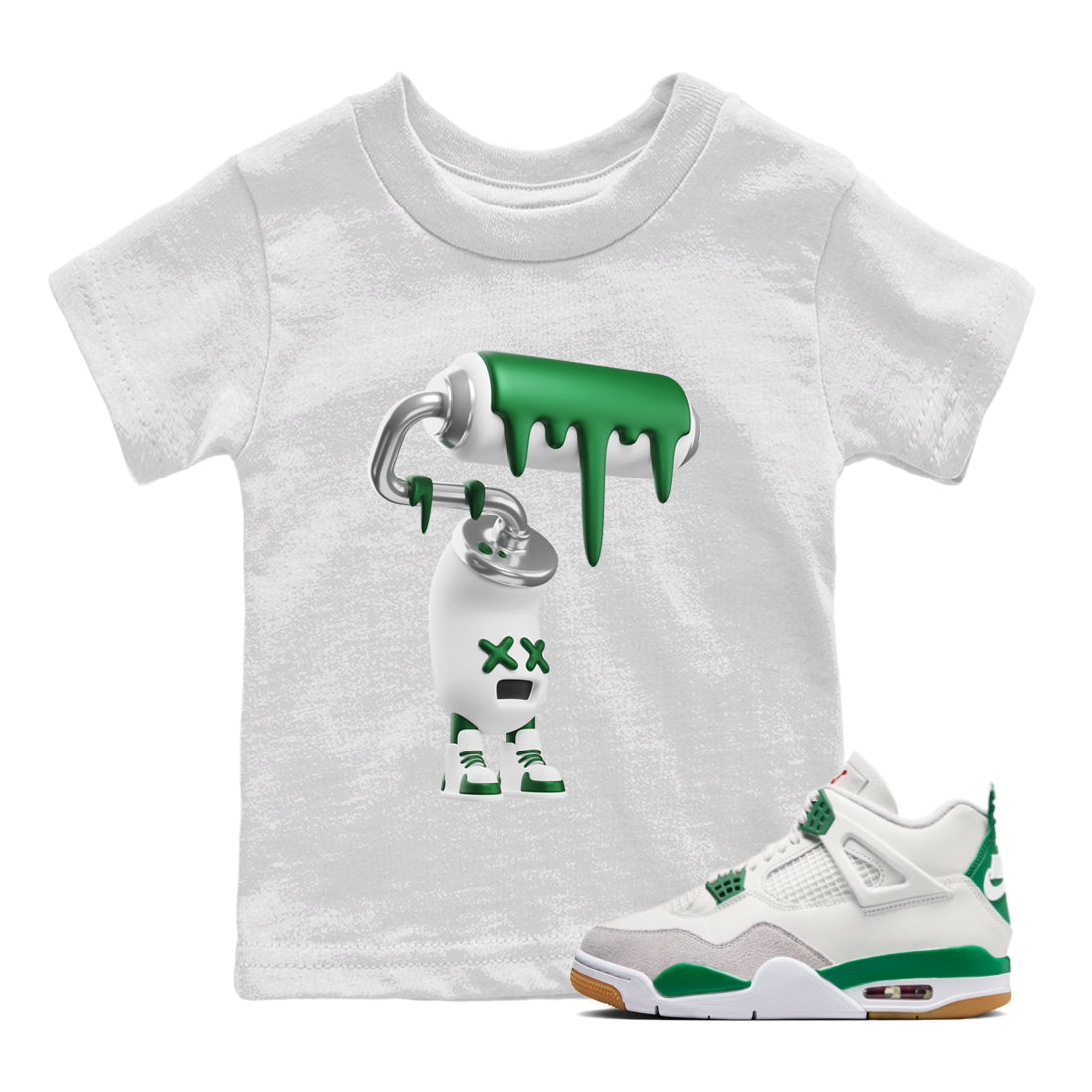 Air Jordan 4 Pine Green Sneaker Match Tees 3D Paint Roller Sneaker Tees AJ4 Pine Green Sneaker Release Tees Kids Shirts White 1
