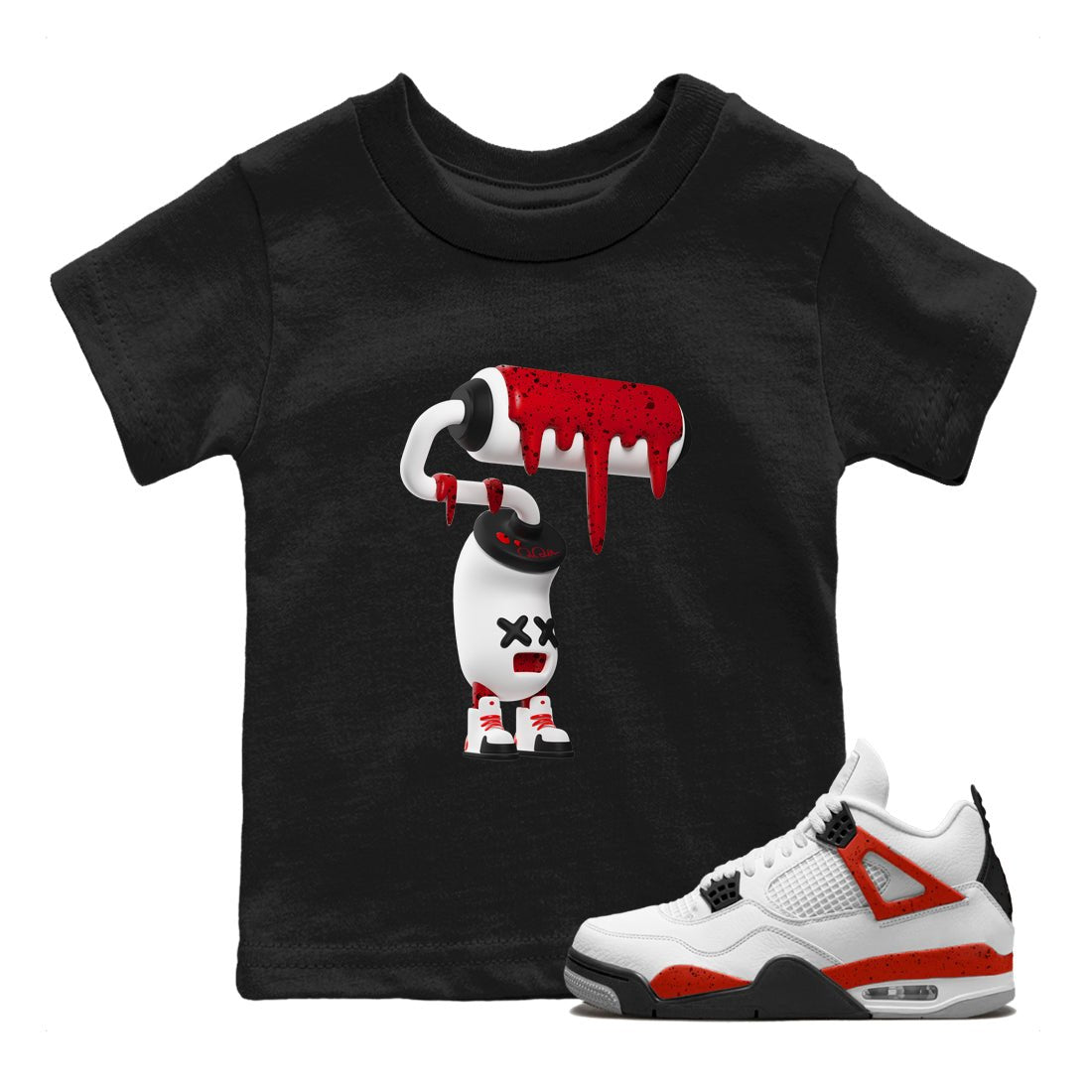 Air Jordan 4 Red Cement Sneaker Match Tees 3D Paint Roller Sneaker Tees AJ4 Retro OG Red Cement Sneaker Release Tees Kids Shirts Black 1