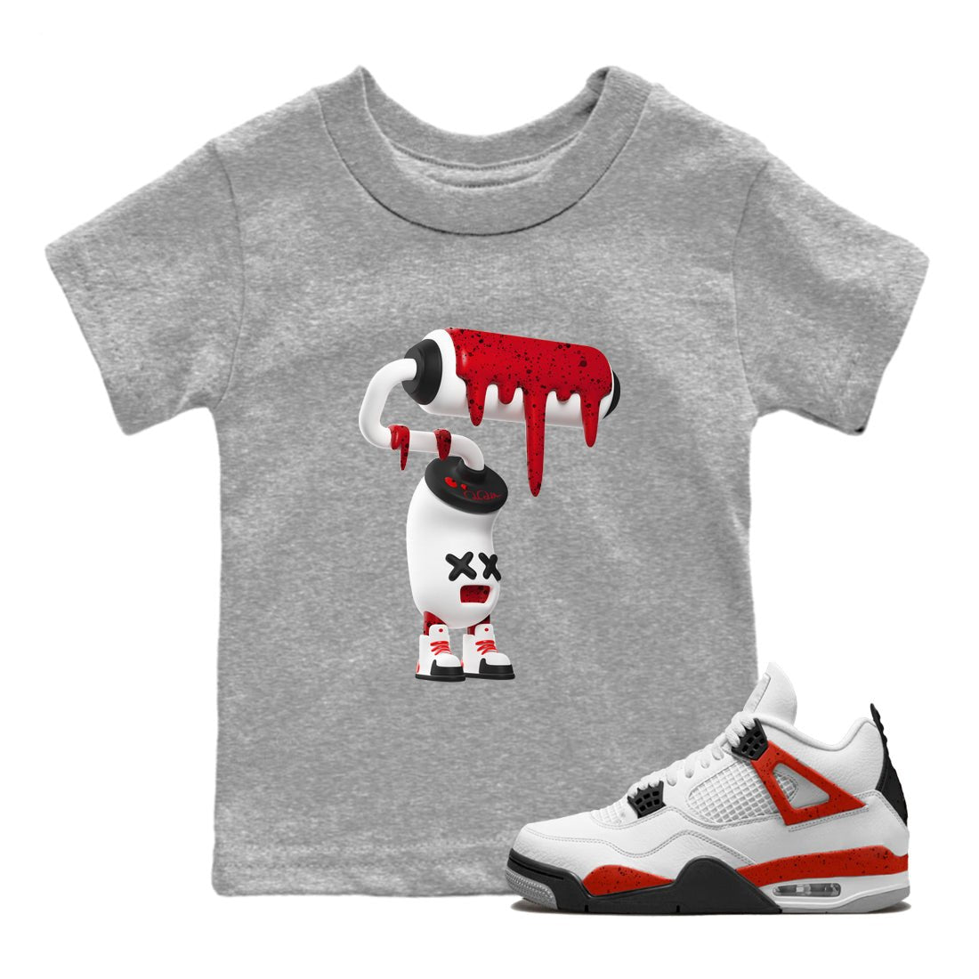 Air Jordan 4 Red Cement Sneaker Match Tees 3D Paint Roller Sneaker Tees AJ4 Retro OG Red Cement Sneaker Release Tees Kids Shirts Heather Grey 1