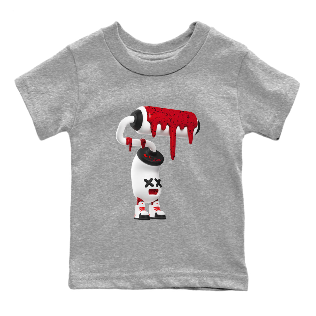 Air Jordan 4 Red Cement Sneaker Match Tees 3D Paint Roller Sneaker Tees AJ4 Retro OG Red Cement Sneaker Release Tees Kids Shirts Heather Grey 2